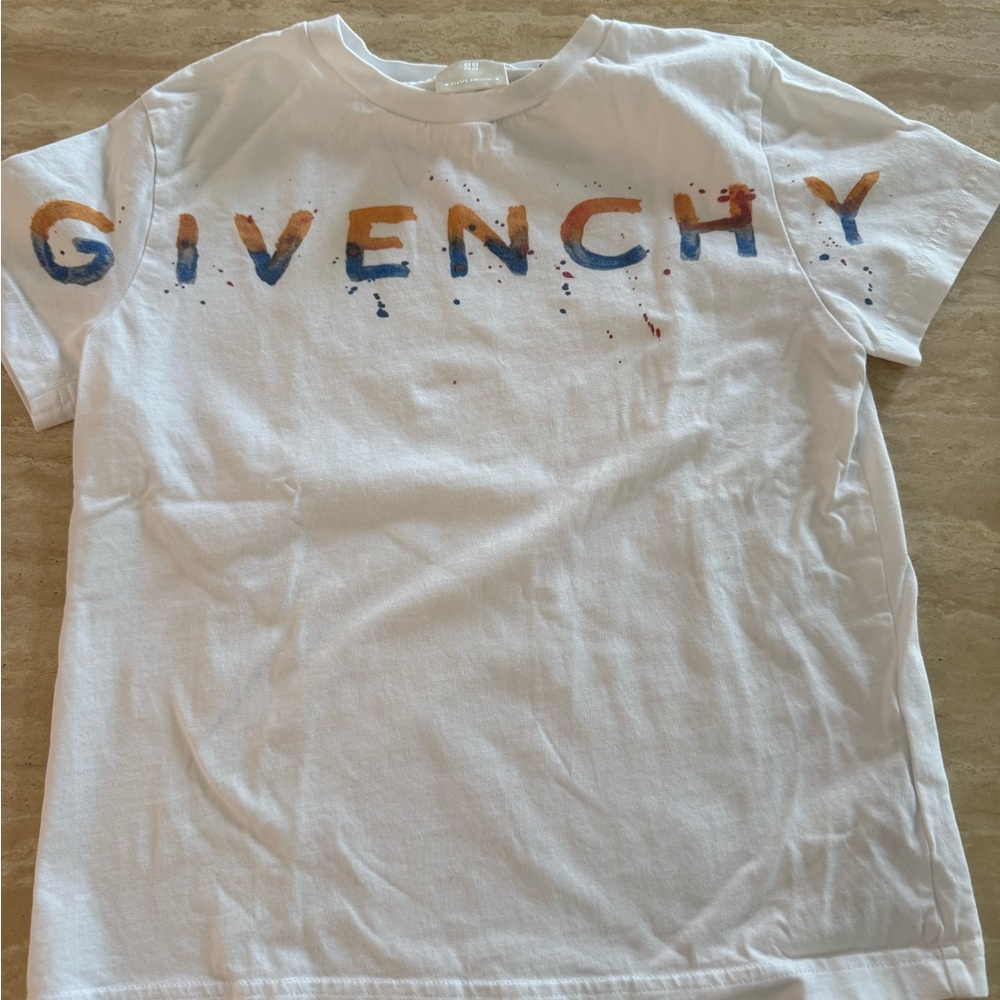 Givenchy White Tee with Orange Graphic and Multicolor Splatter